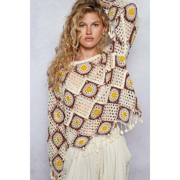 POL Other - POL Cream Neutral Boho Hippy Oversize Retro‎ Diamond Crochet Festival Fringe Top